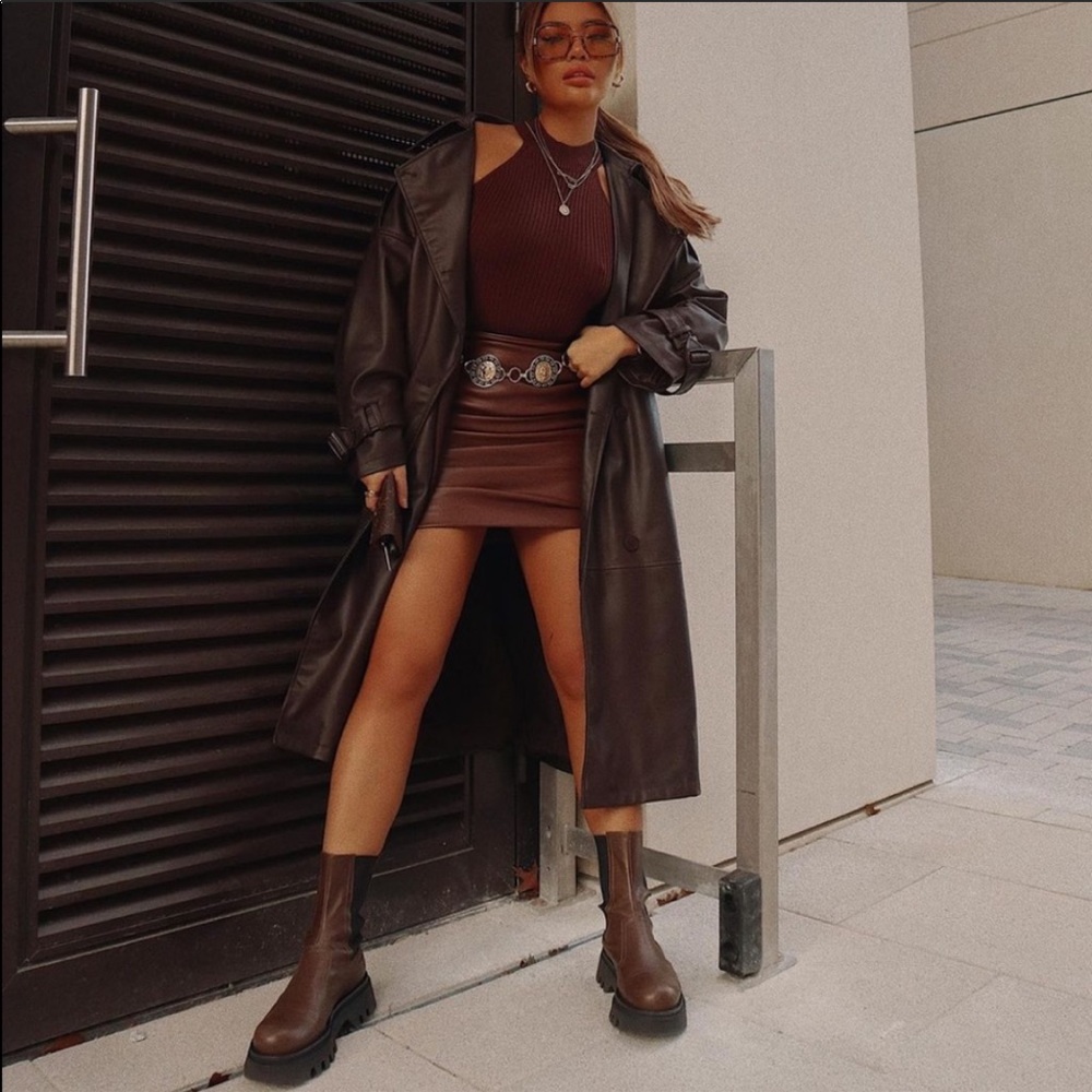 Faux leather double breasted trench